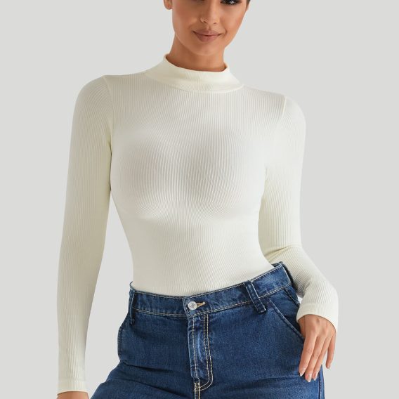 Threaded High Neck Long Sleeves Bodysuit